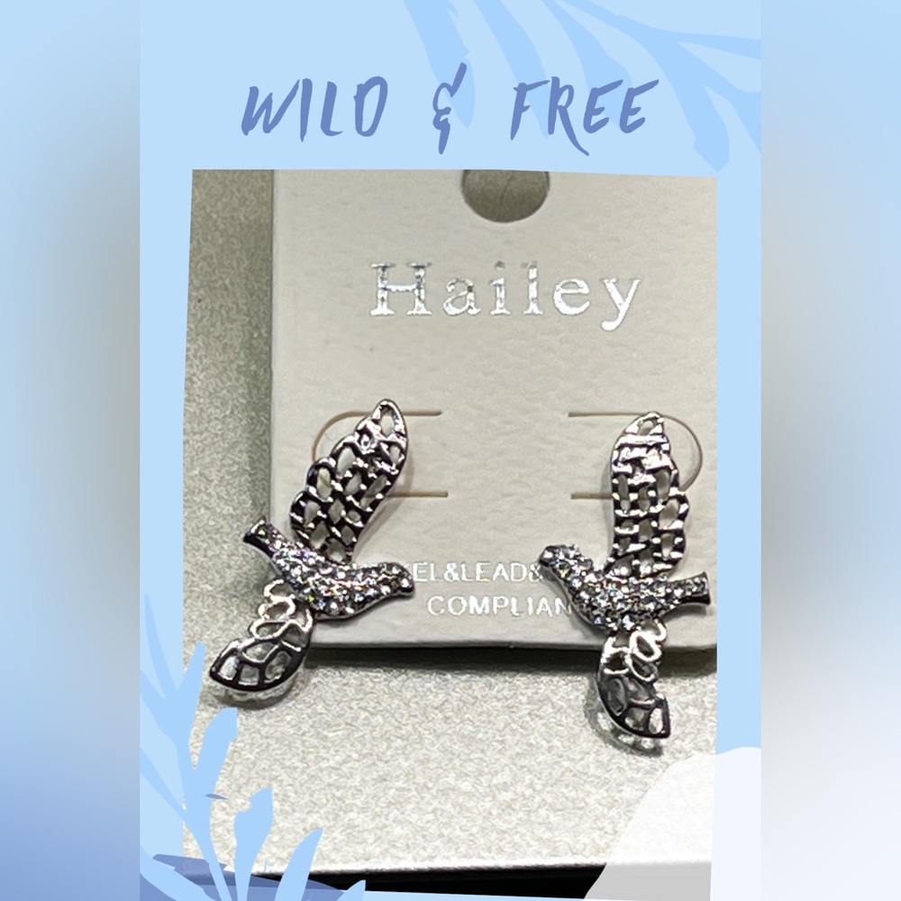 NEW PAIR OF HAILEY SILVER TONE CRYSTAL BIRD EARRINGS